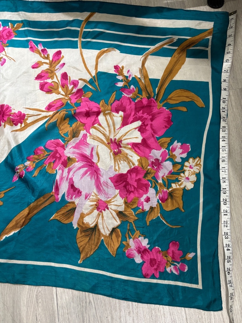 Silk Floral Teal & Pink Neck Scarf - Picture 7 of 10